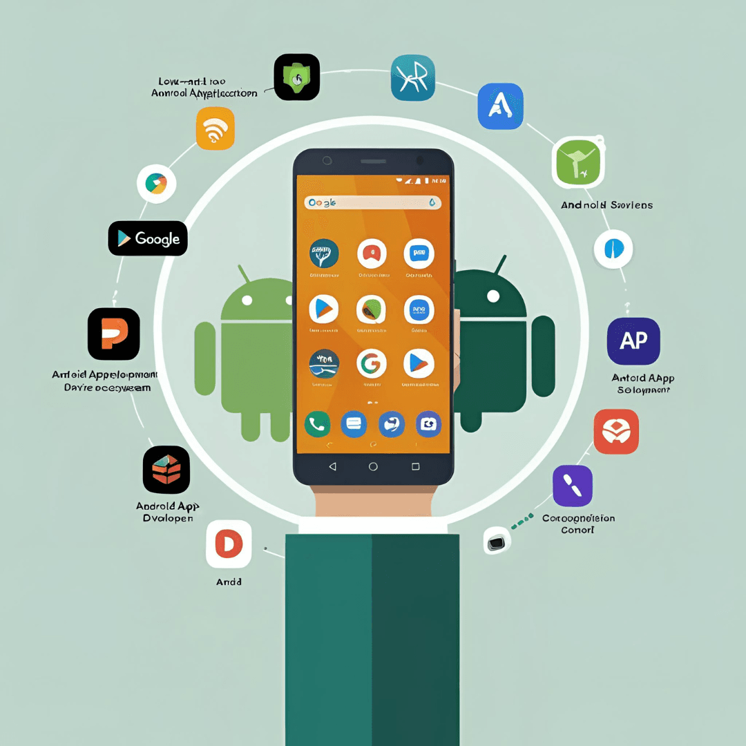 android app development showcase with multiple android devices showing the same app on different screen sizes, vibrant green accents, professional digital illustration