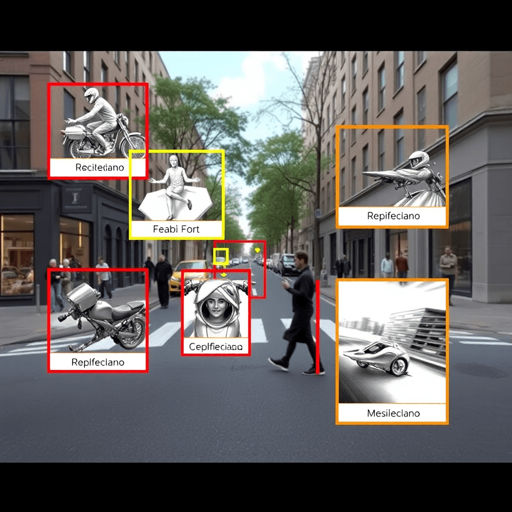 computer vision object detection demo showing multiple objects identified in street scene with bounding boxes and labels, tech visualization