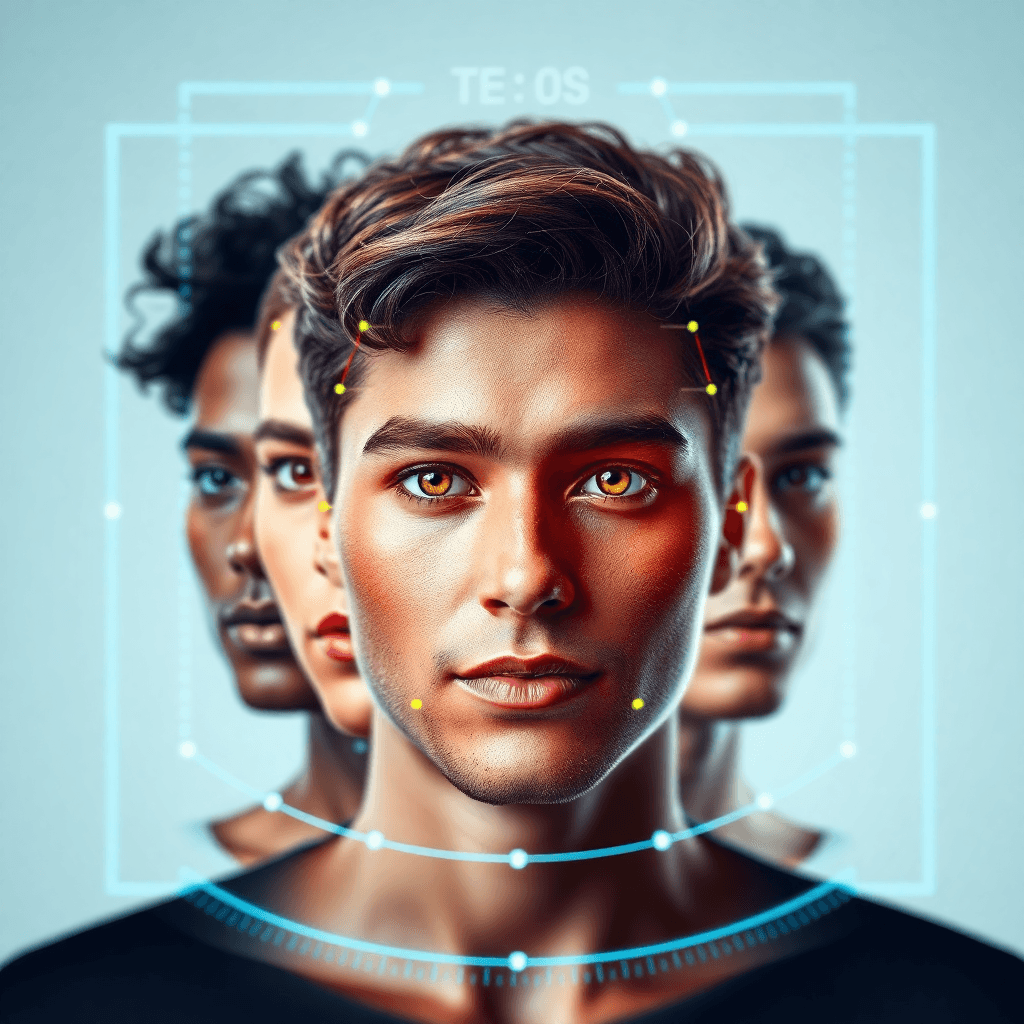 facial recognition technology scanning a diverse group of faces with biometric data points highlighted, professional tech visualization