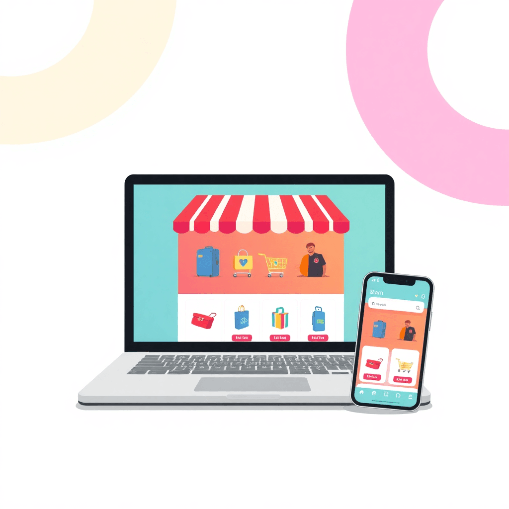 modern ecommerce website on laptop and mobile phone, showing online store, professional, vibrant, digital illustration style