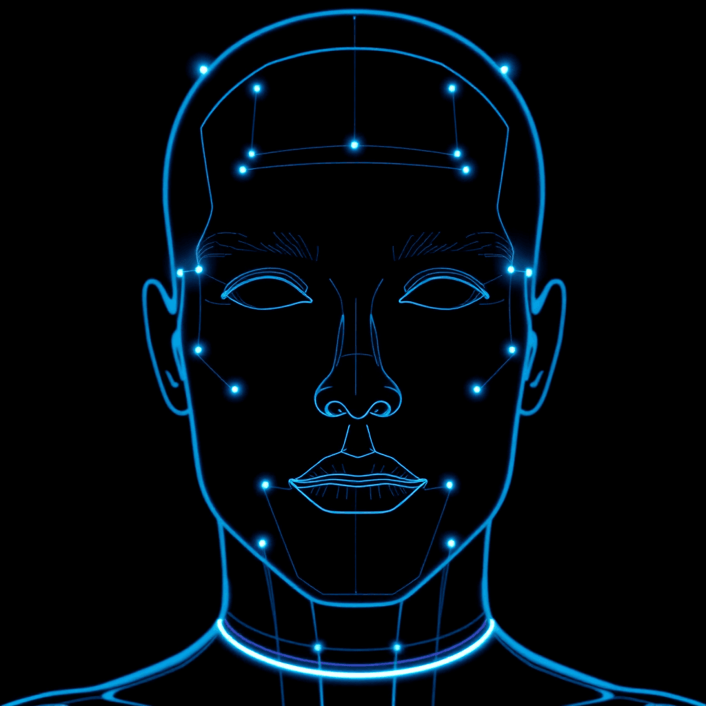 futuristic computer vision interface showing object detection, facial recognition with neon blue outlines on dark background, professional tech visualization