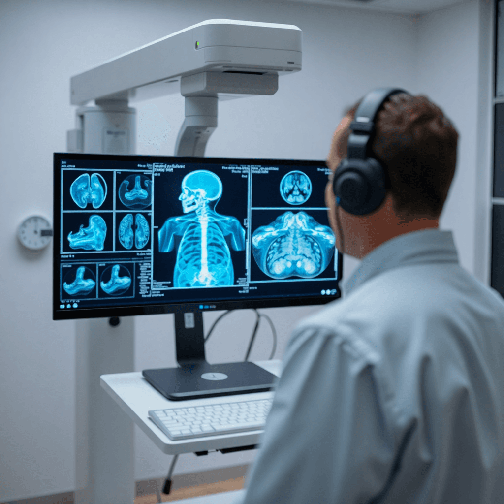 healthcare imaging system with computer vision diagnosing medical scans, professional tech visualization