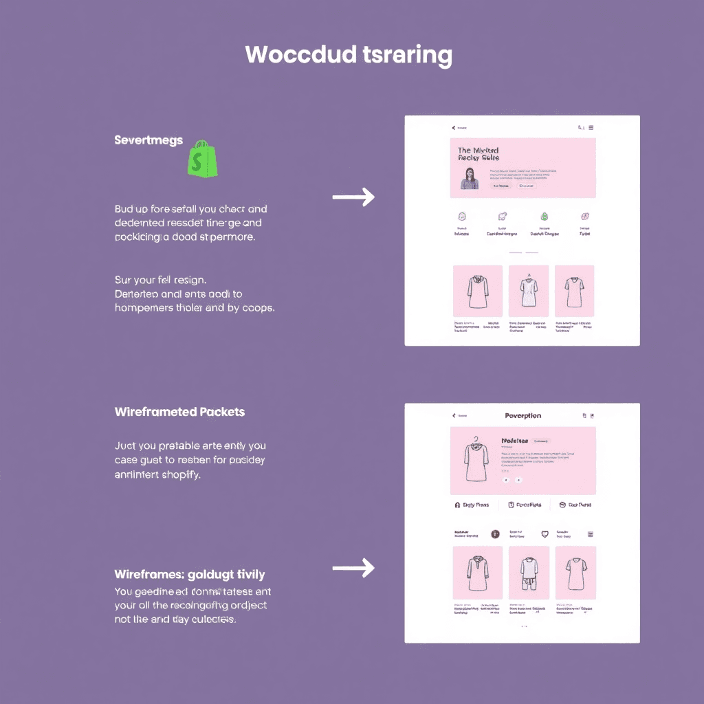 Shopify store development process, wireframes and mockups, clean design, pastel colors, digital illustration