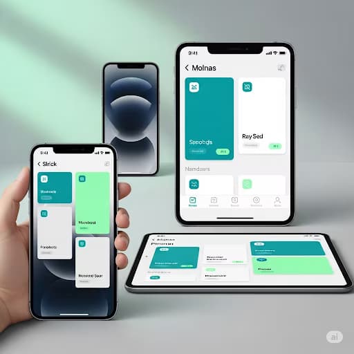 Mobile app interface on smartphone, modern UI design, cross-platform, vibrant colors