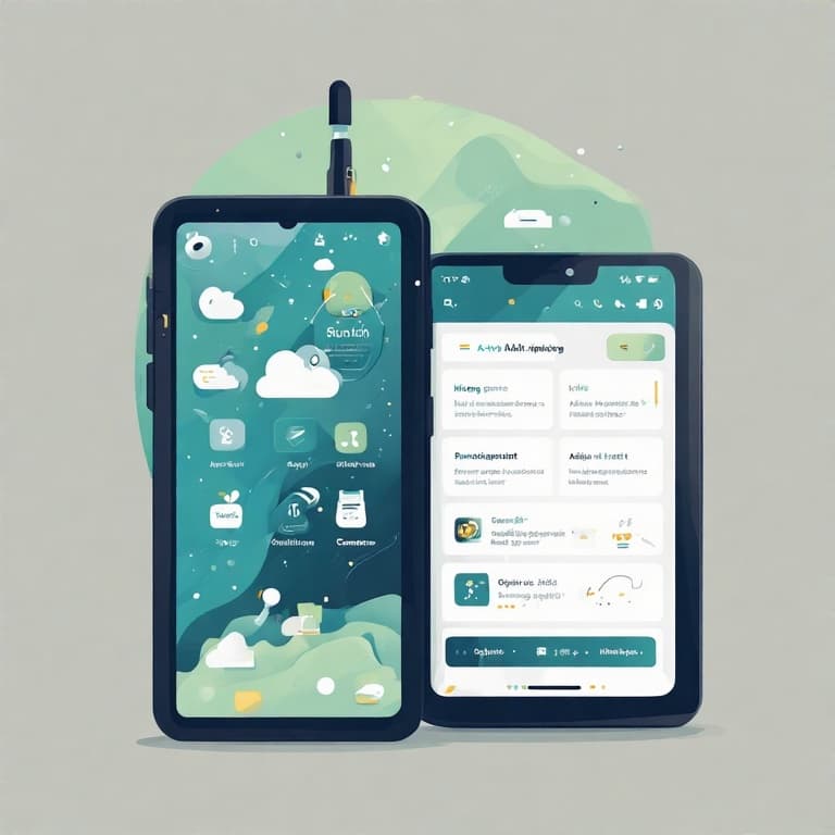 Mobile app interface on smartphone, modern UI design, cross-platform, vibrant colors