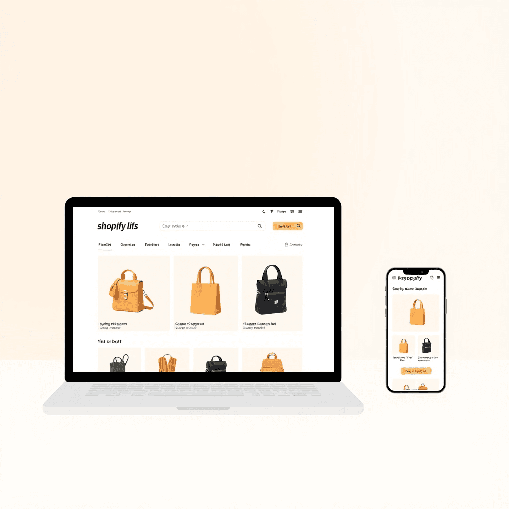 Shopify store interface on laptop and mobile, with clean modern design, pastel colors, product grid, minimalist aesthetic, digital illustration