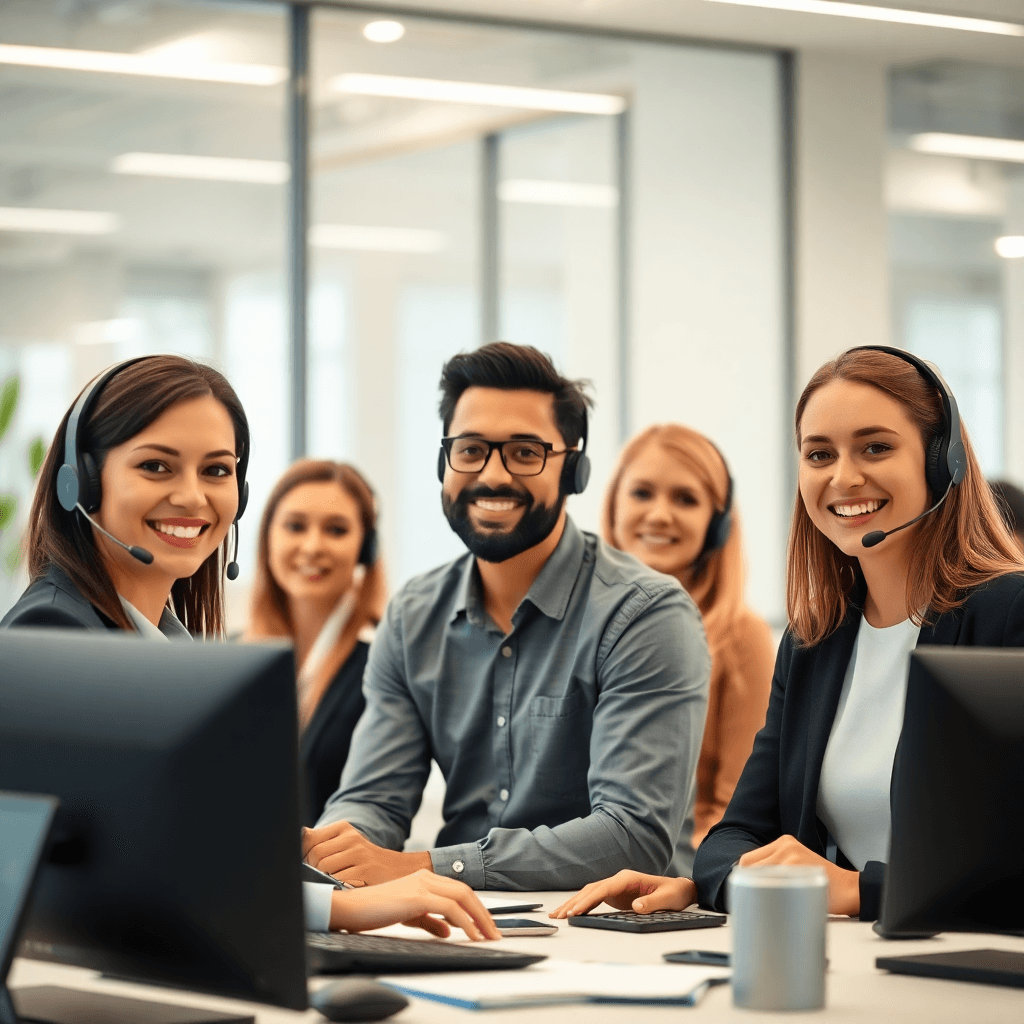 friendly tech support team, diverse professionals with headsets, warm smiling faces, modern office, soft lighting, 2025 style