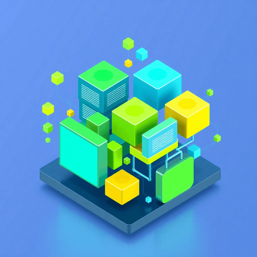 isometric 3D illustration of custom software building blocks in vibrant colors floating and connecting, with green and blue color scheme, professional tech solution