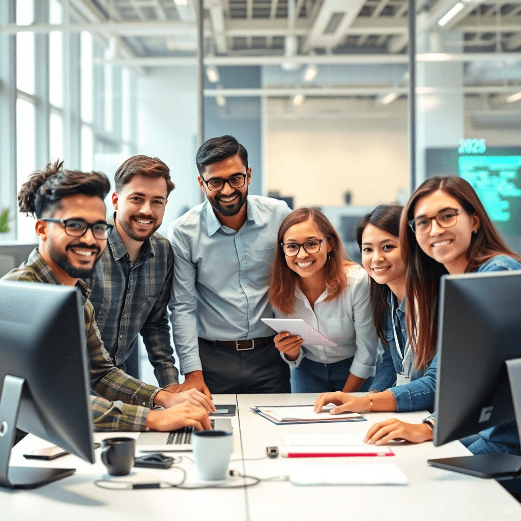 tech team collaborating, diverse professionals working together, friendly faces, warm atmosphere, digital workspace, 2025 style, modern office, photorealistic