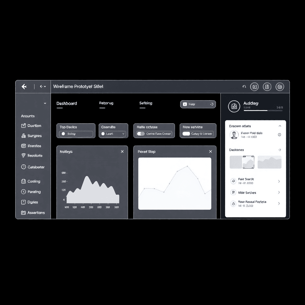 wireframe prototype of a software dashboard with UI elements, showing design process