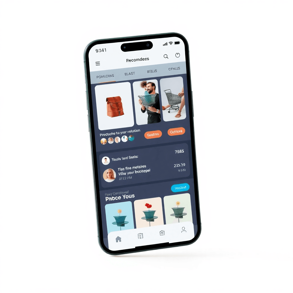 ecommerce mobile app interface with product listings and cart, professional tech solution