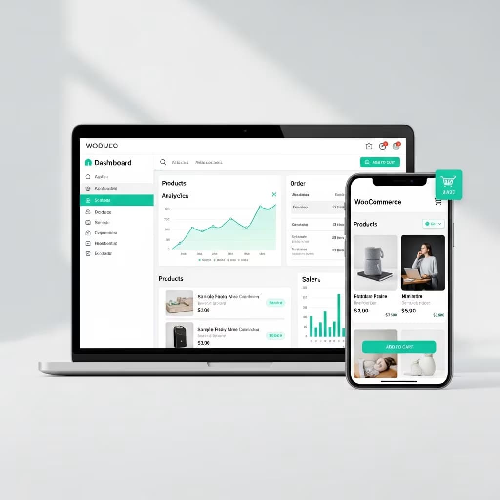 WooCommerce development showing a modern WordPress online store with product grid and checkout
