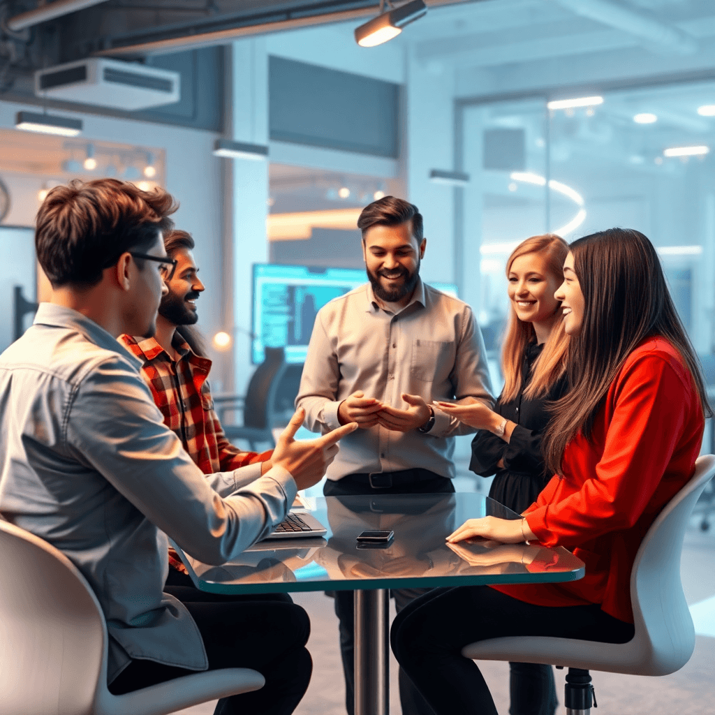 tech team discussing AI solutions, diverse professionals collaborating on explainable AI, friendly faces, warm atmosphere, digital workspace, 2025 style, modern office, photorealistic
