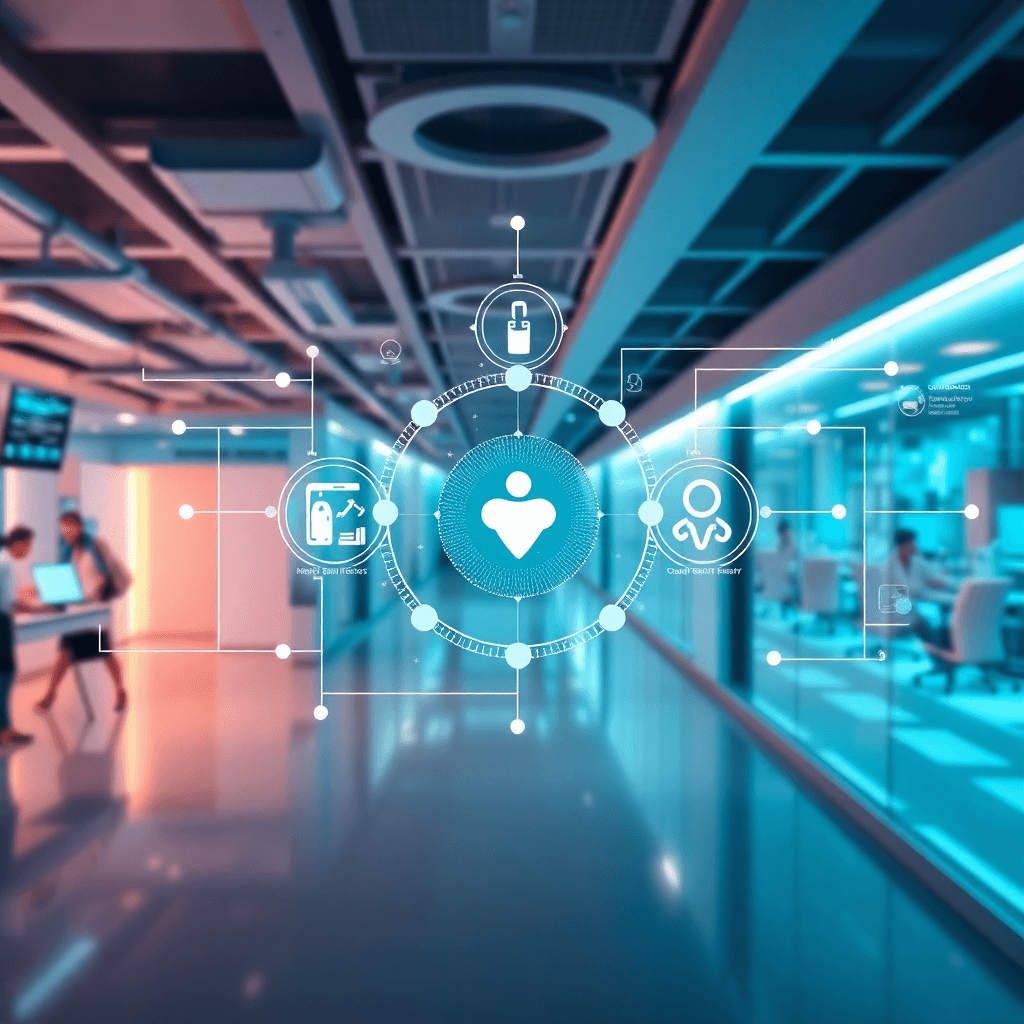 healthcare technology integration, modern hospital system, digital health platform, middleware visualization, technical diagram with medical context, professional