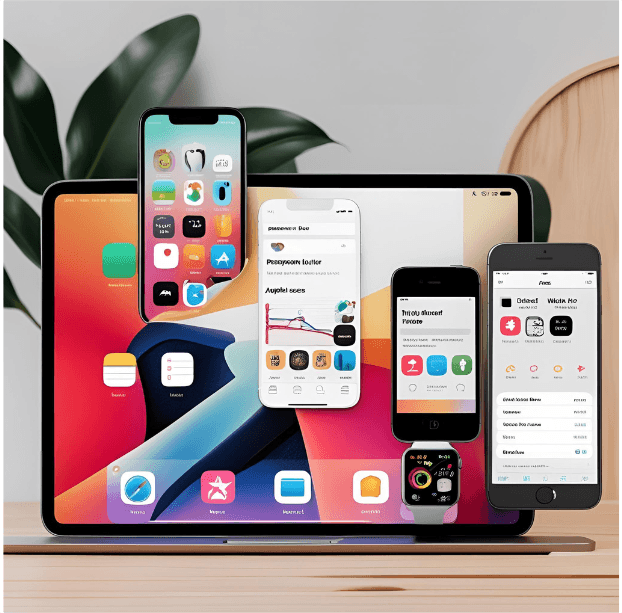 iOS app displayed across iPhone, iPad, Apple Watch and MacBook devices