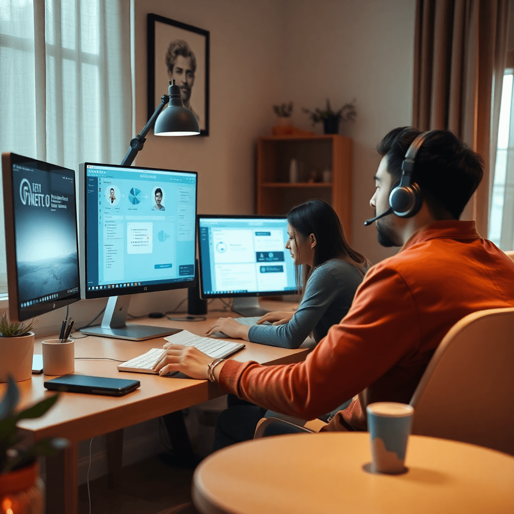 ui ux design workspace, designer working on interfaces, warm comfortable environment, user testing session, inclusive design, 2025 style, photorealistic