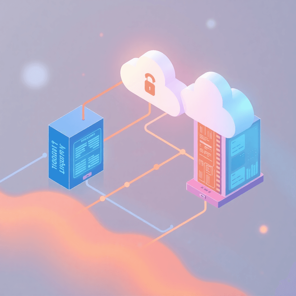 data migration visualization, secure data transfer between systems, flowing data streams, digital transformation, tech illustration, 2025 style, soft colors, professional