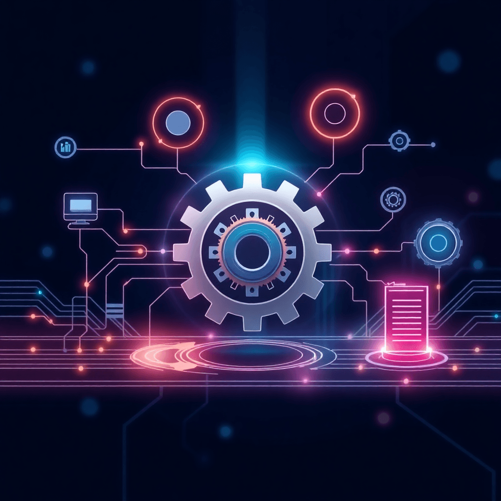 tech middleware transition visualization, connected systems, smooth migration, gear mechanism, digital transformation, technical illustration, 2025 style